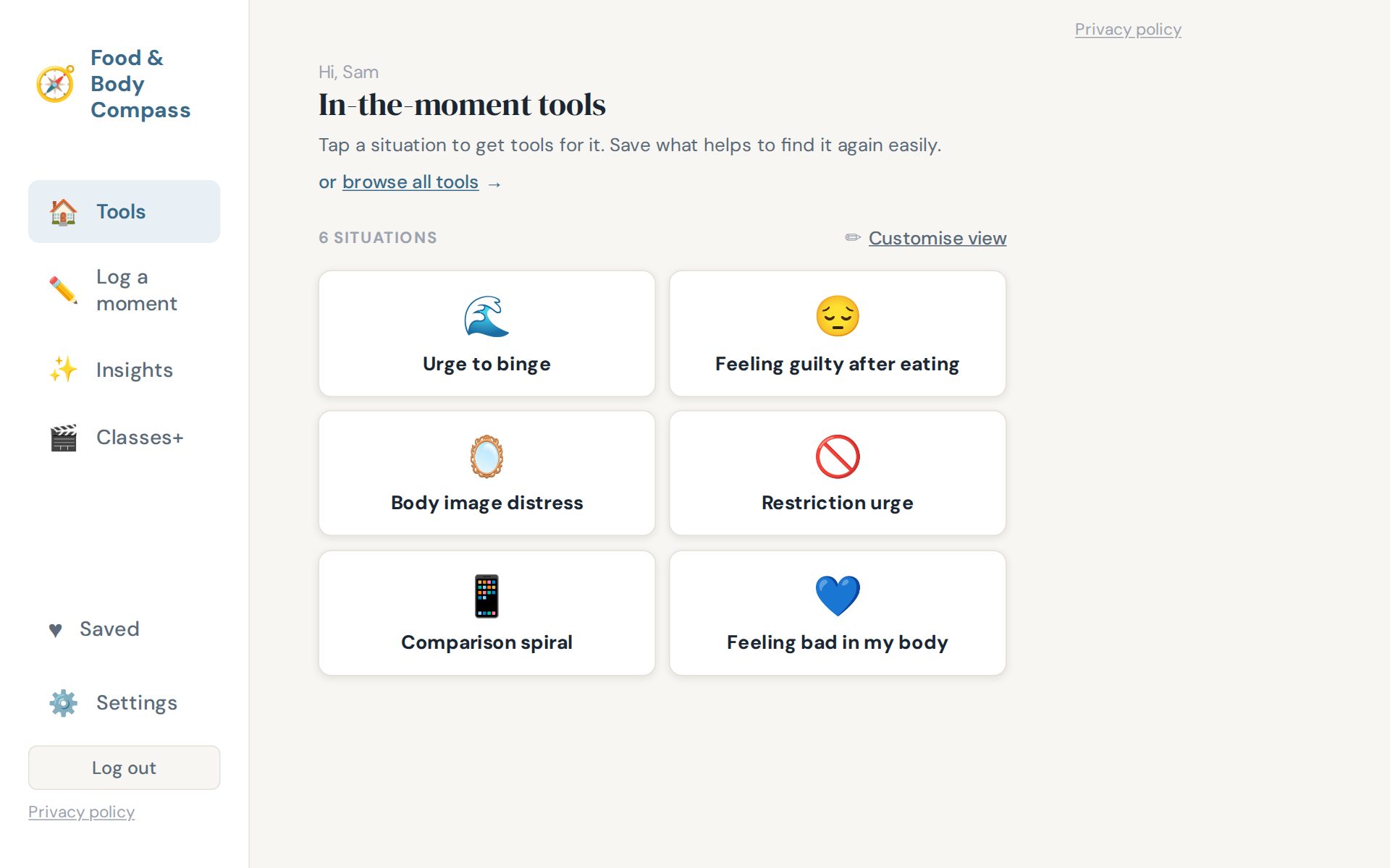 The Food & Body Compass home screen on a computer, showing situations like urge to binge and body image distress