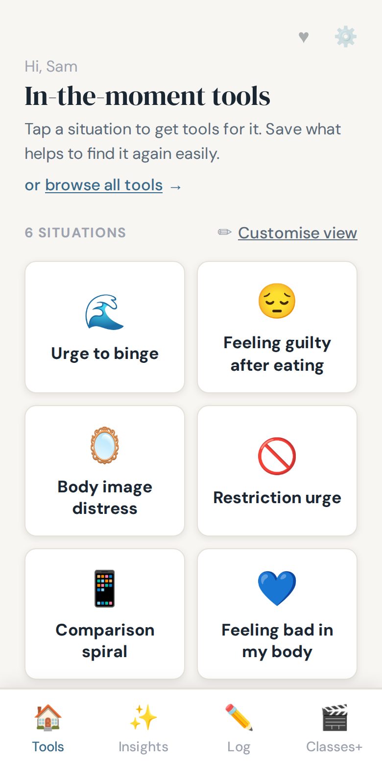The Food & Body Compass home screen on a phone